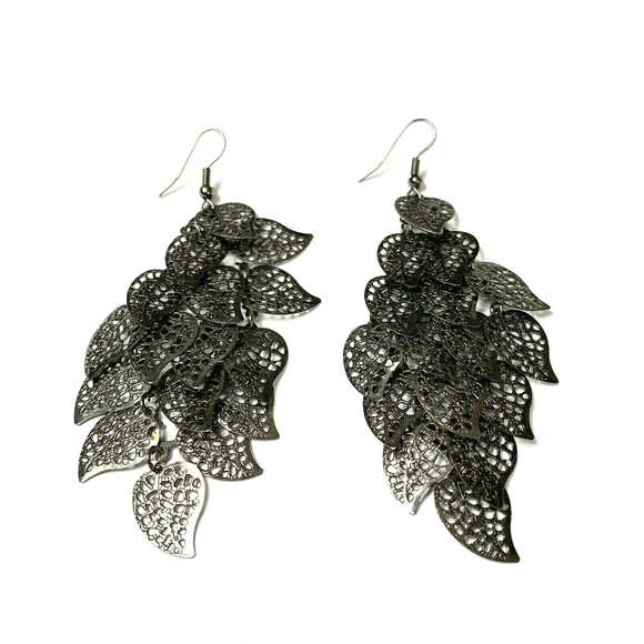 Bronze Tone Earrings Long Cascading Articulated Open Leaves Lacey Leaf Filigree - Picture 2 of 7